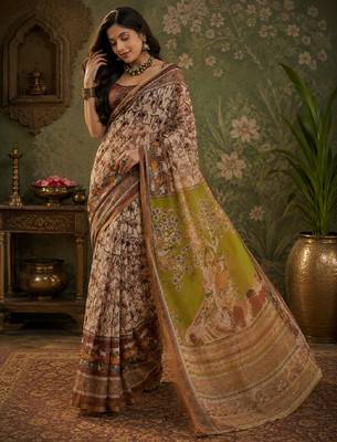 Cream brown linen digital print work saree with unstitched blouse piece 1