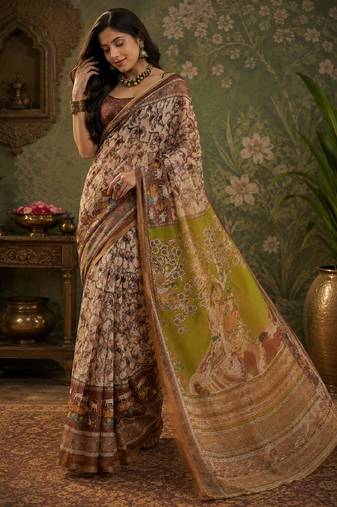 Cream brown linen digital print work saree with unstitched blouse piece