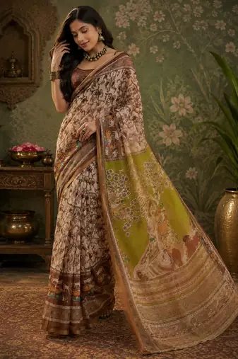 Cream brown linen digital print work saree with unstitched blouse piece