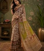 Cream brown linen digital print work saree with unstitched blouse piece