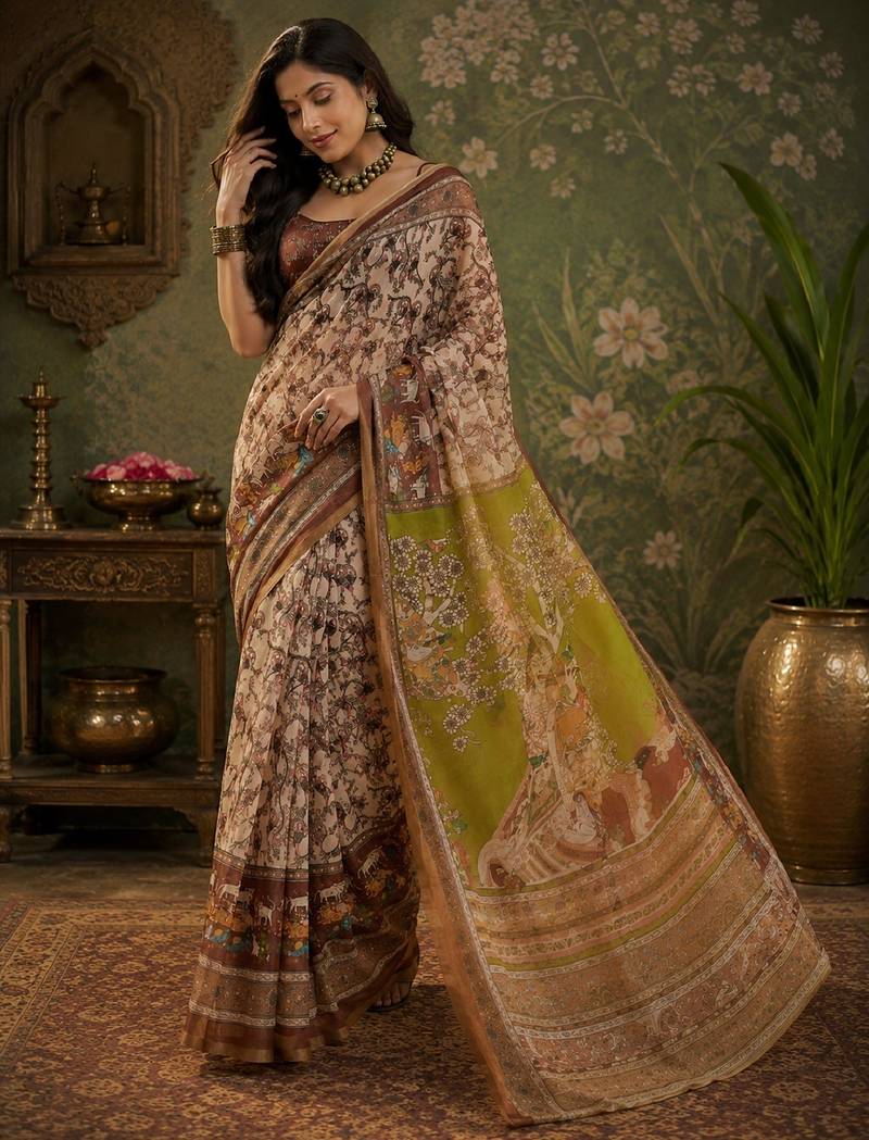 Cream brown linen digital print work saree with unstitched blouse piece