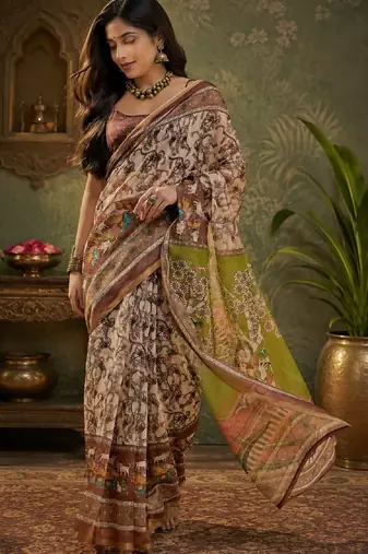 Cream brown linen digital print work saree with unstitched blouse piece