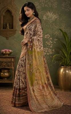 Cream brown linen digital print work saree with unstitched blouse piece 3