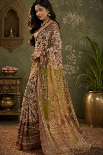 Cream brown linen digital print work saree with unstitched blouse piece