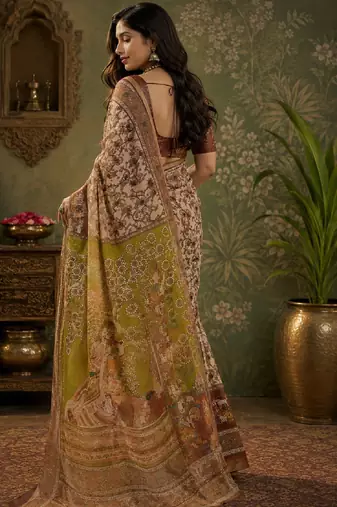 Cream brown linen digital print work saree with unstitched blouse piece