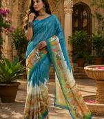 Rama linen digital print work saree with unstitched blouse piece