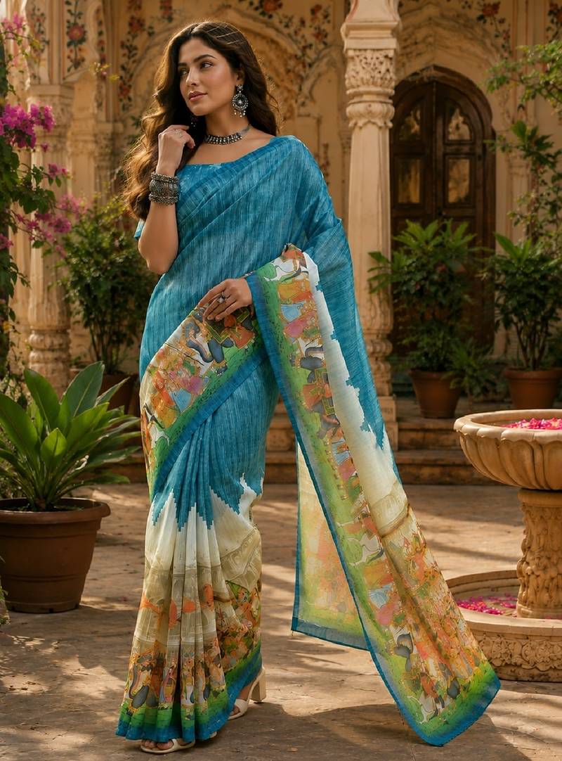 Rama linen digital print work saree with unstitched blouse piece