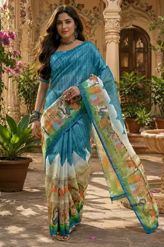 Rama linen digital print work saree with unstitched blouse piece