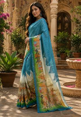 Rama linen digital print work saree with unstitched blouse piece 3