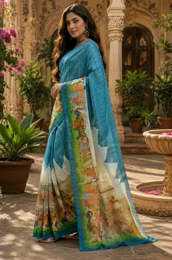Rama linen digital print work saree with unstitched blouse piece