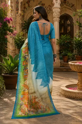 Rama linen digital print work saree with unstitched blouse piece