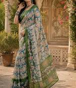 White green linen digital print work saree with unstitched blouse piece