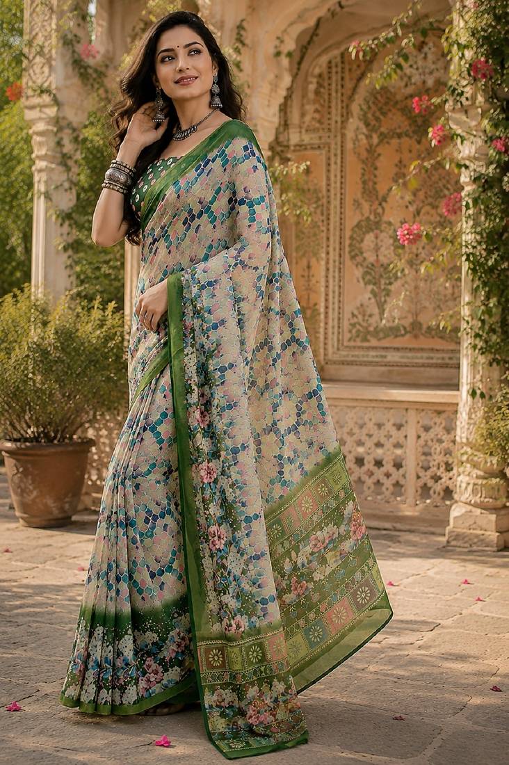 White green linen digital print work saree with unstitched blouse piece