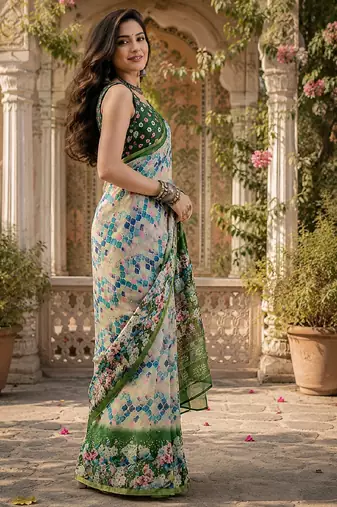 White green linen digital print work saree with unstitched blouse piece
