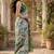 White green linen digital print work saree with unstitched blouse piece