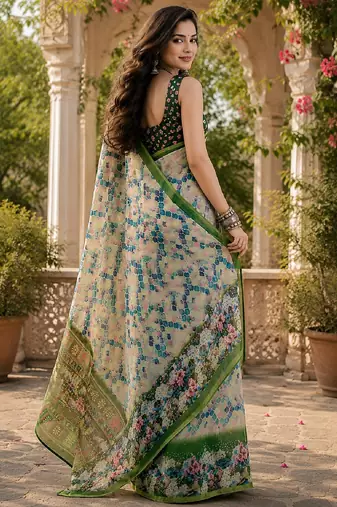 White green linen digital print work saree with unstitched blouse piece