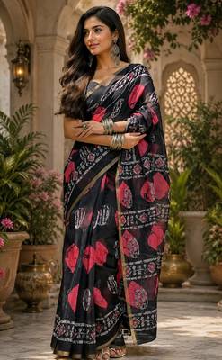 Black linen digital print work saree with unstitched blouse piece 1