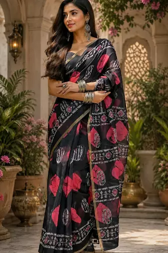 Black linen digital print work saree with unstitched blouse piece