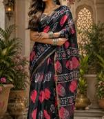 Black linen digital print work saree with unstitched blouse piece