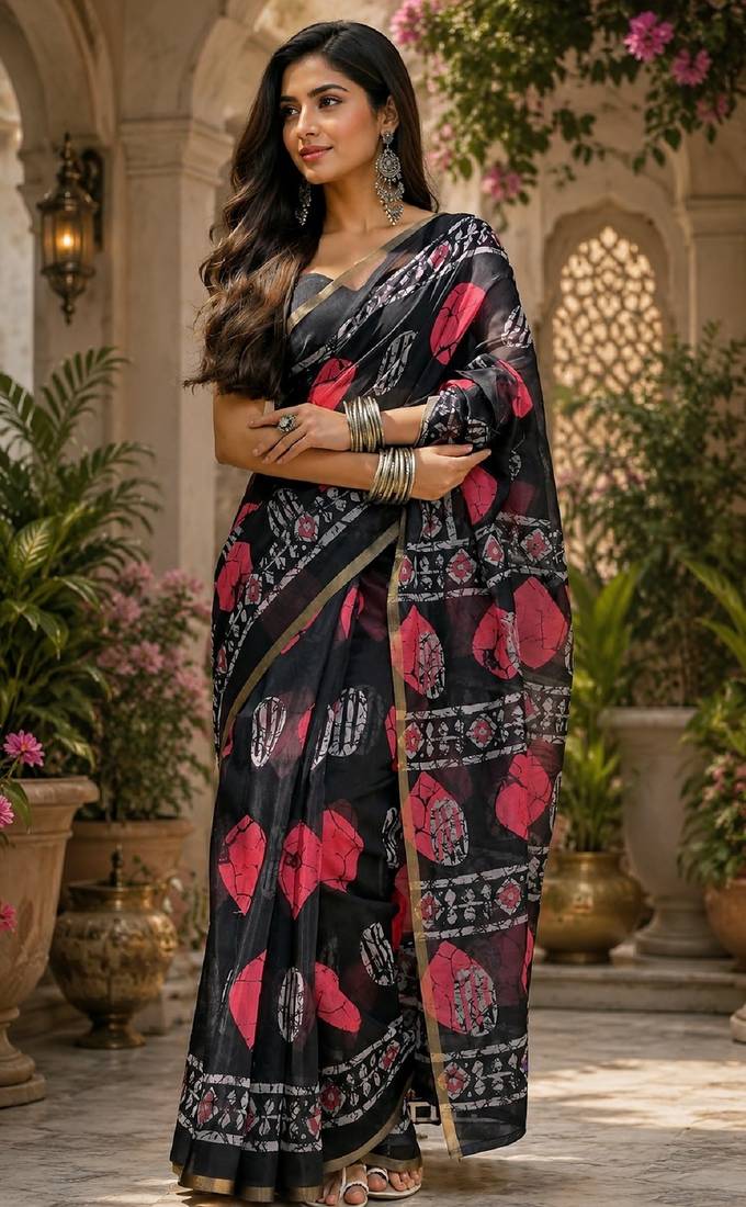 Black linen digital print work saree with unstitched blouse piece