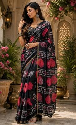 Black linen digital print work saree with unstitched blouse piece 2