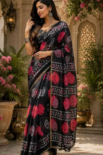 Black linen digital print work saree with unstitched blouse piece