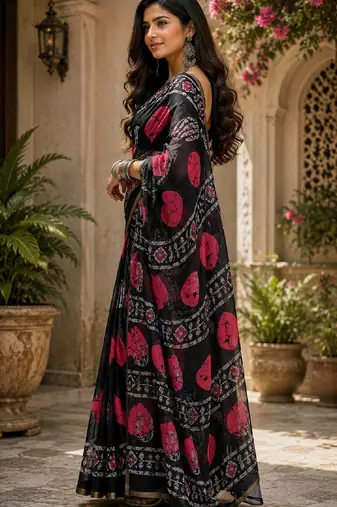 Black linen digital print work saree with unstitched blouse piece