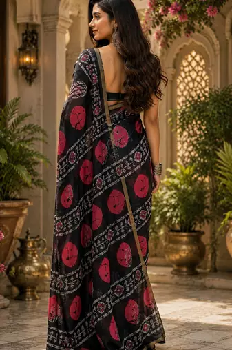 Black linen digital print work saree with unstitched blouse piece