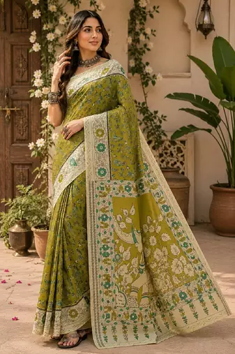 Mehendi green linen digital print work saree with unstitched blouse piece