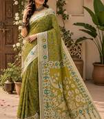 Mehendi green linen digital print work saree with unstitched blouse piece