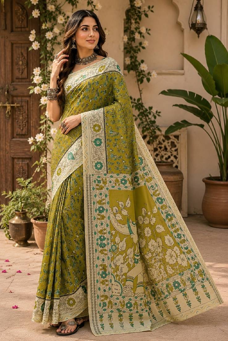Mehendi green linen digital print work saree with unstitched blouse piece