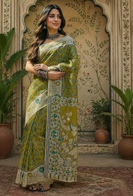 Mehendi green linen digital print work saree with unstitched blouse piece 2