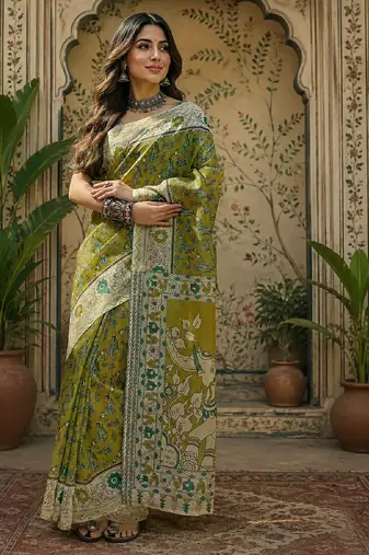 Mehendi green linen digital print work saree with unstitched blouse piece