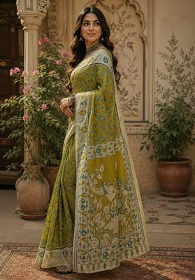 Mehendi green linen digital print work saree with unstitched blouse piece 3