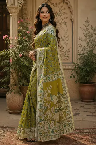 Mehendi green linen digital print work saree with unstitched blouse piece