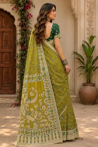 Mehendi green linen digital print work saree with unstitched blouse piece