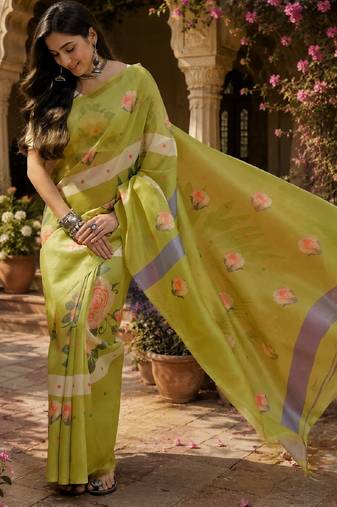 Parrot green linen digital print work saree with unstitched blouse piece