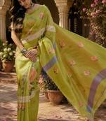 Parrot green linen digital print work saree with unstitched blouse piece