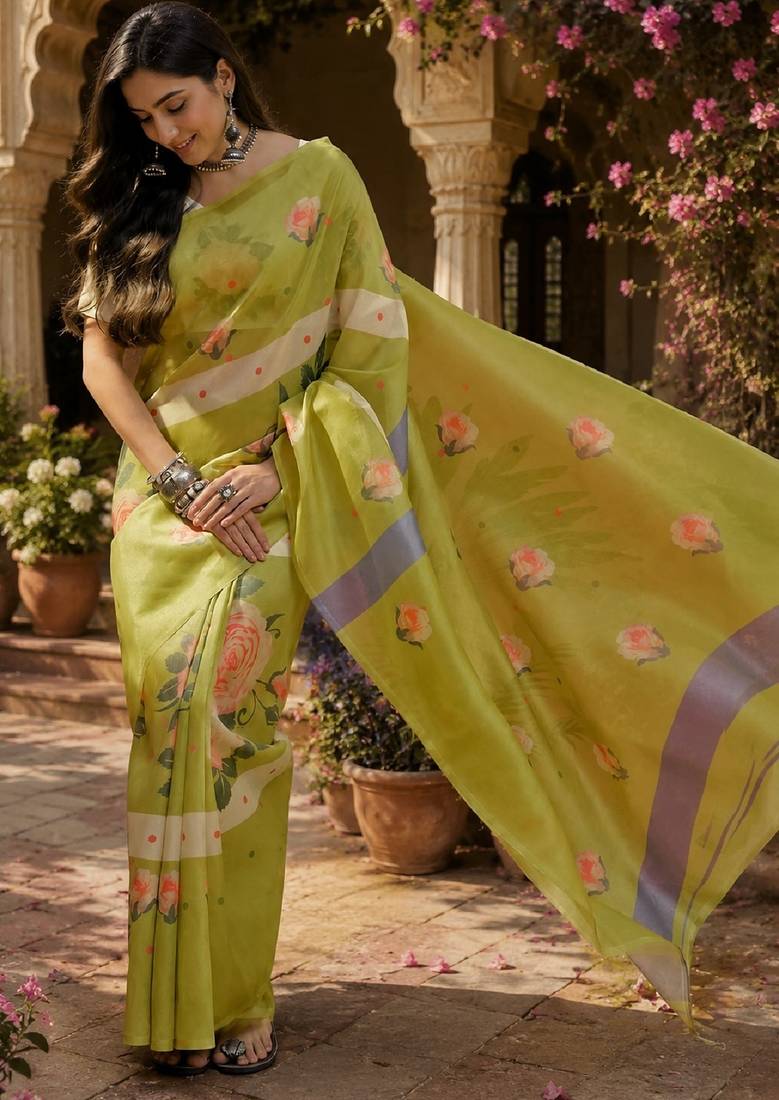 Parrot green linen digital print work saree with unstitched blouse piece