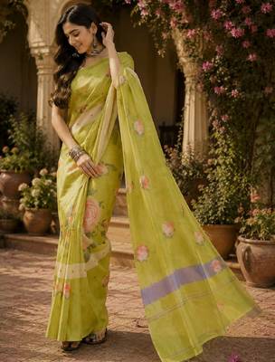 Parrot green linen digital print work saree with unstitched blouse piece 2