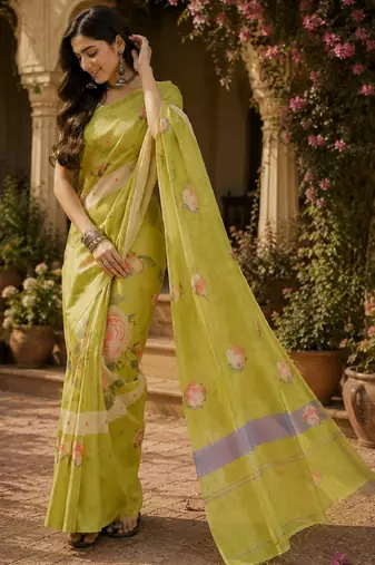 Parrot green linen digital print work saree with unstitched blouse piece