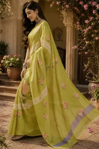 Parrot green linen digital print work saree with unstitched blouse piece