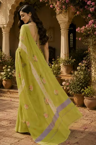 Parrot green linen digital print work saree with unstitched blouse piece