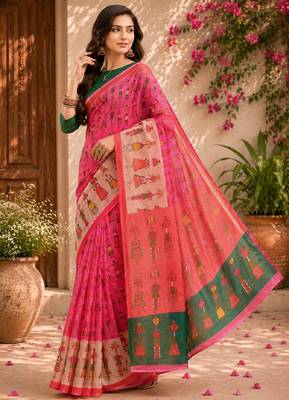 Pink green linen digital print work saree with unstitched blouse piece 1