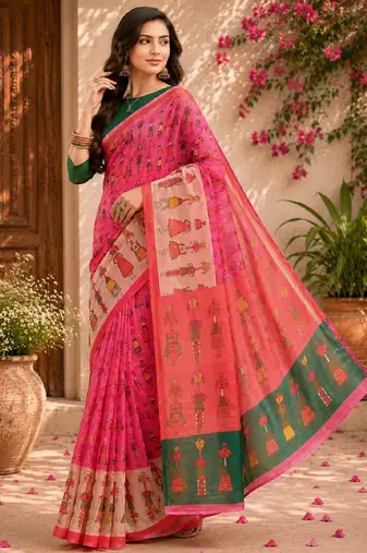 Pink green linen digital print work saree with unstitched blouse piece
