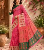 Pink green linen digital print work saree with unstitched blouse piece