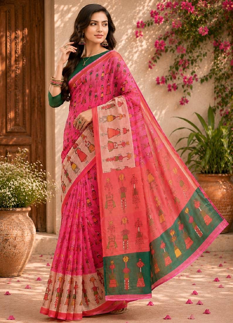 Pink green linen digital print work saree with unstitched blouse piece
