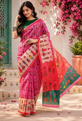 Pink green linen digital print work saree with unstitched blouse piece 2