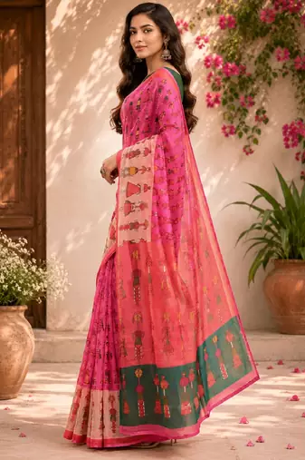 Pink green linen digital print work saree with unstitched blouse piece