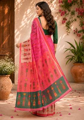 Pink green linen digital print work saree with unstitched blouse piece 4